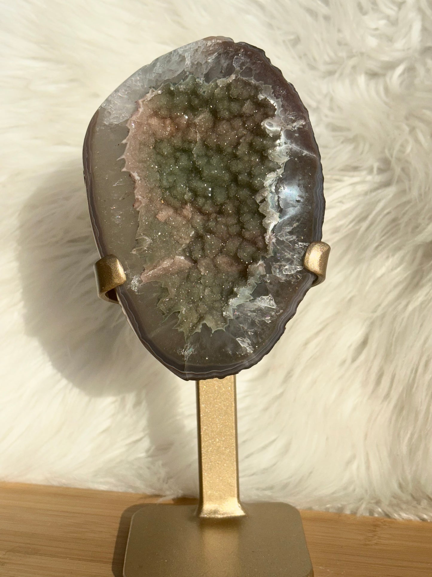 Green and Pink Sugar Amethyst on Metal Stand